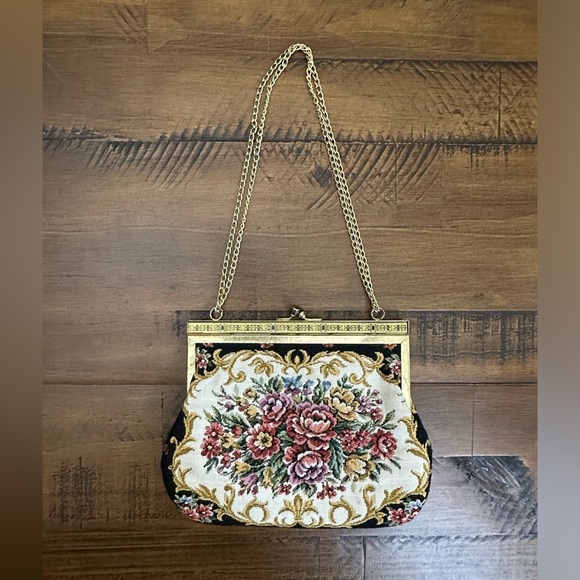 Vintage Tapestry‎ Purse Cottagecore Handbag "Petit Point" Black Mauve Floral - Picture 1 of 4
